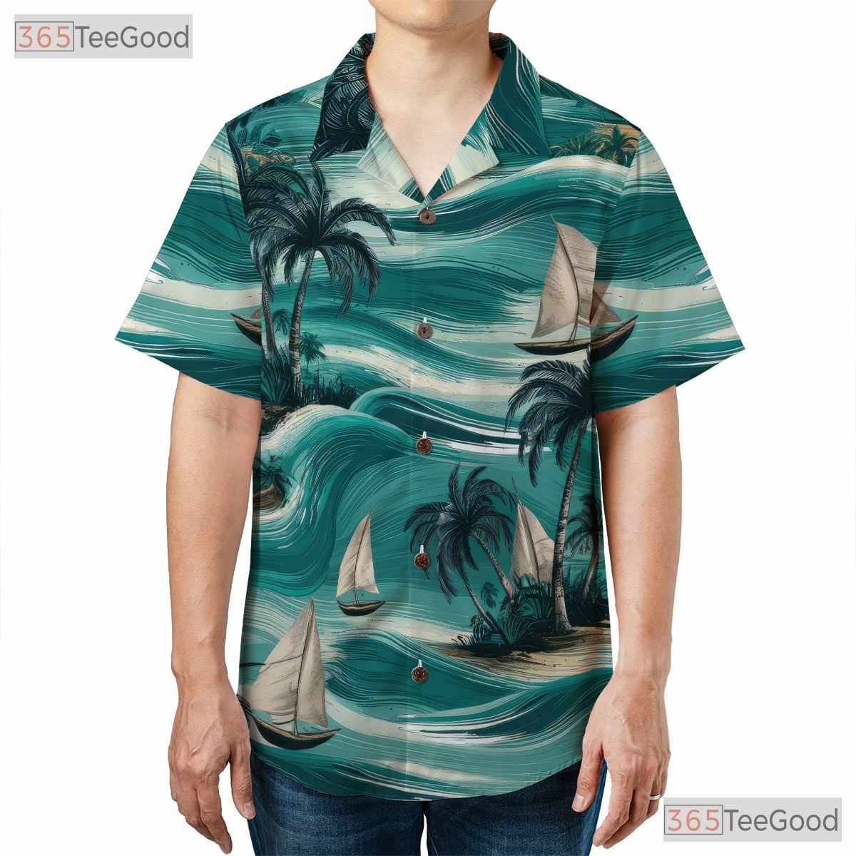 Retro Hawaiian Tee - Sailboats Palm Trees & Ocean Breeze Design Unisex