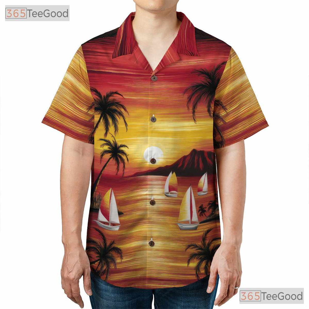 Sunset Palm Trees Hawaiian Tee - Tropical Vintage Ocean Style Gift Adults