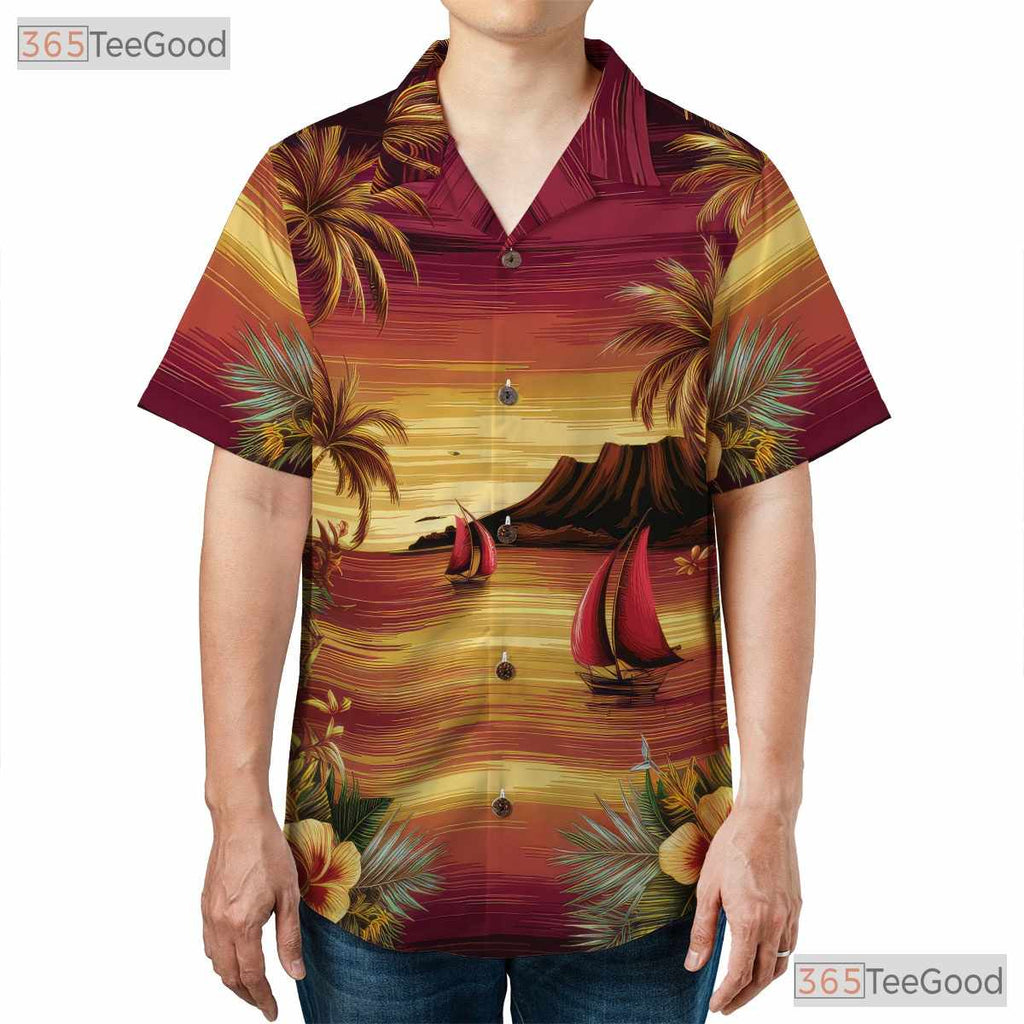 Tropical Palm Sunset Hawaiian Tee - Ocean Waves Summer Gift Unisex Adult