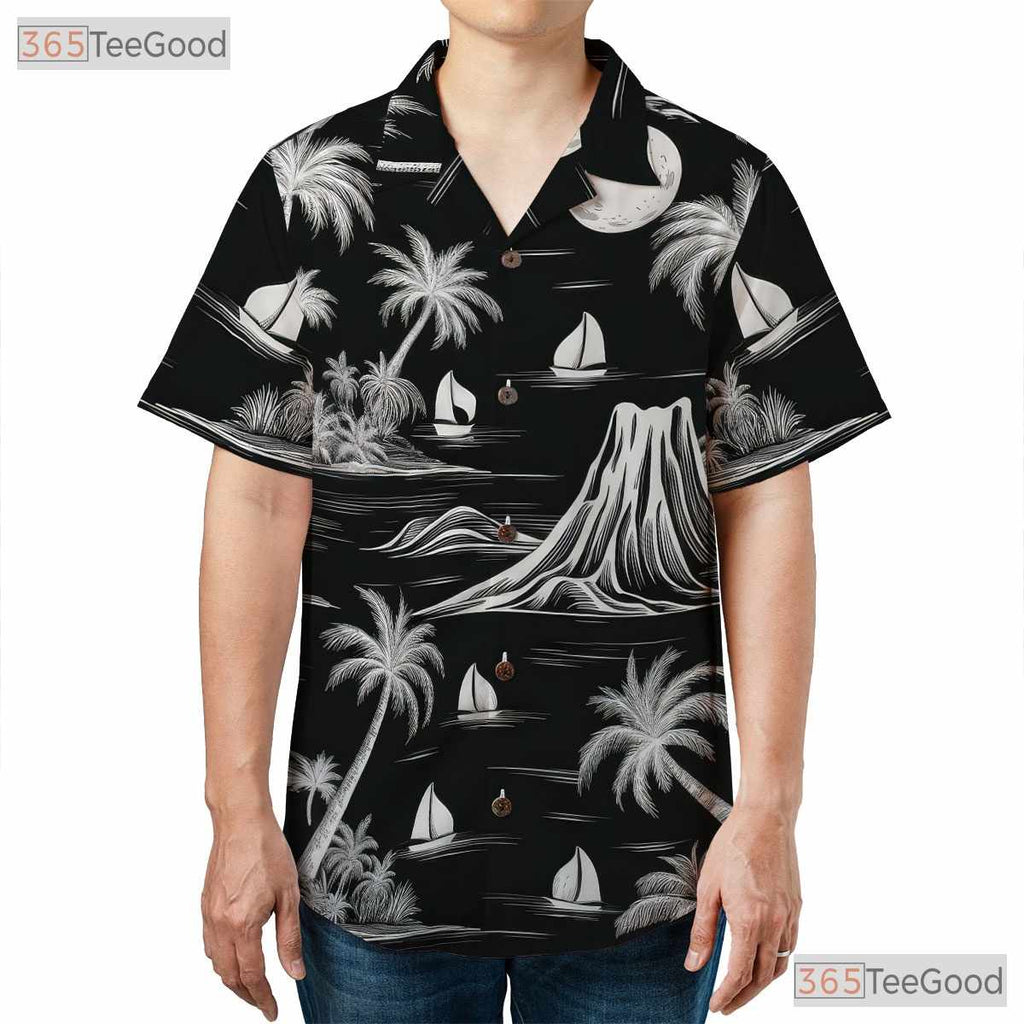 Black & White Palm Hawaiian Shirt - Tropical Island Vintage Beachwear Women