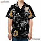 Retro Island Hawaiian Tee - Monochrome Palm Tree Ocean Style for Adults