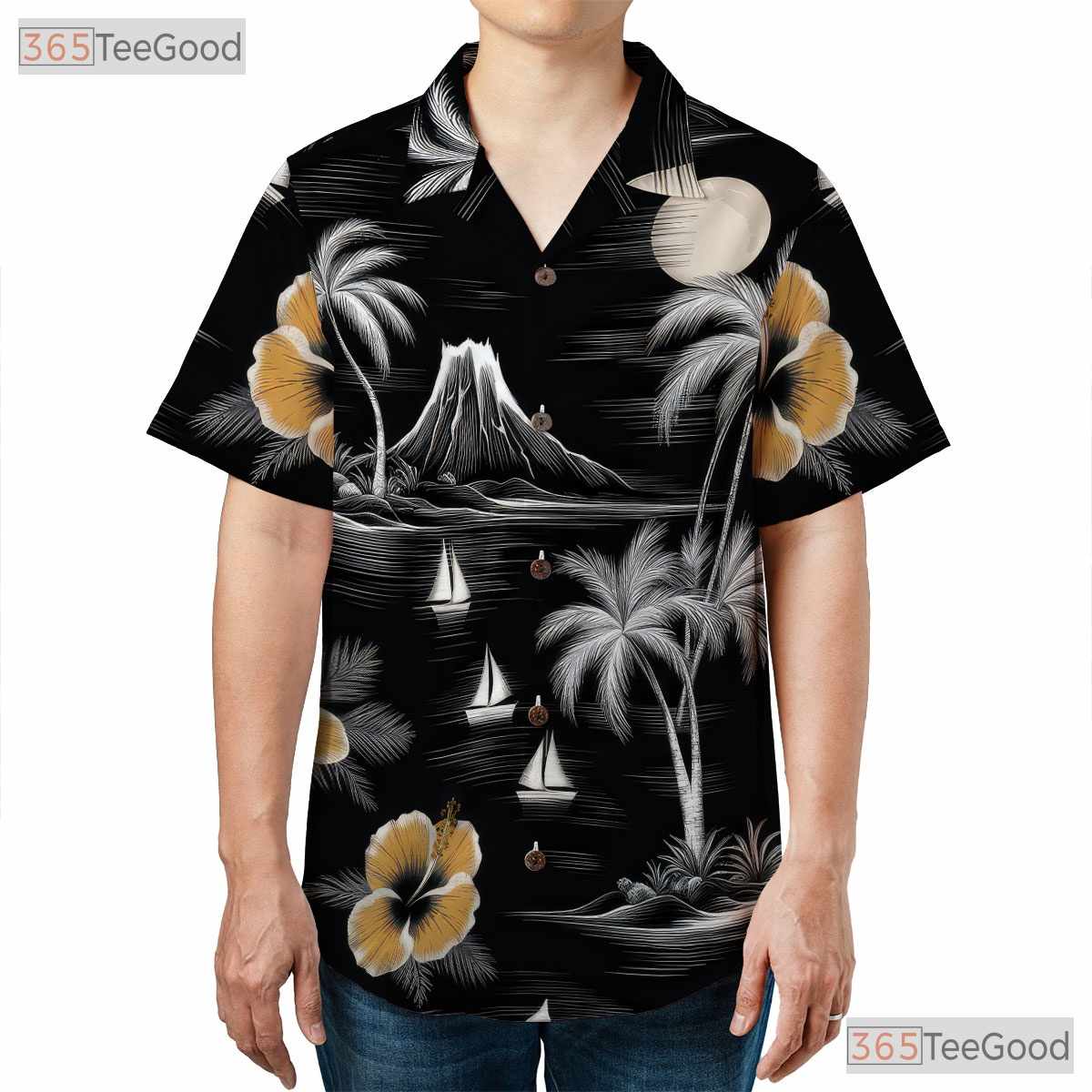 Retro Island Hawaiian Tee - Monochrome Palm Tree Ocean Style for Adults