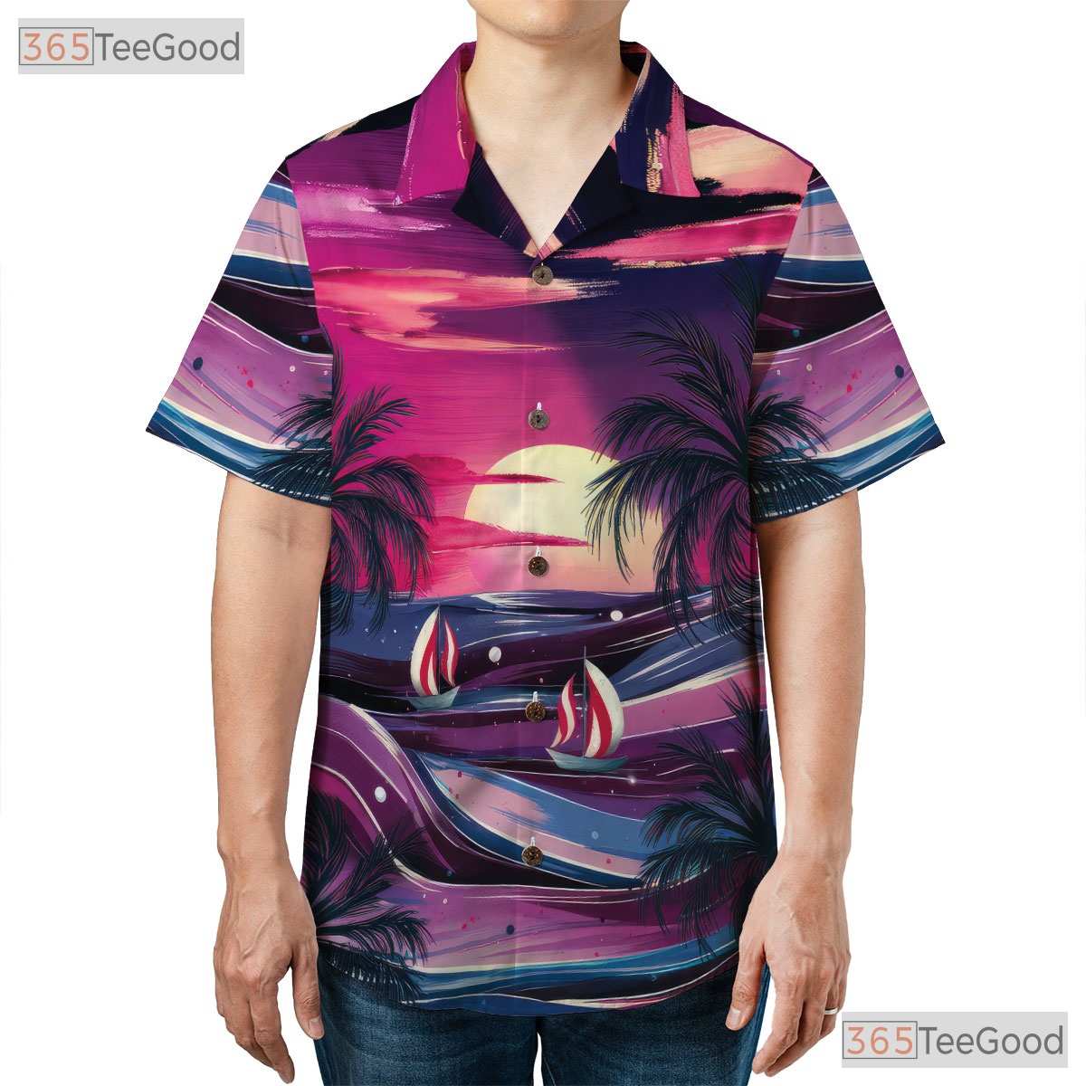 Palm Sunset Beach Hawaiian Tee - Aloha Tropical Floral Vacation Women