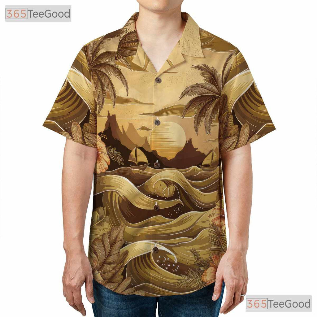 Tropical Blue Palm Hawaiian Shirt - Floral Ocean View Summer Vacation