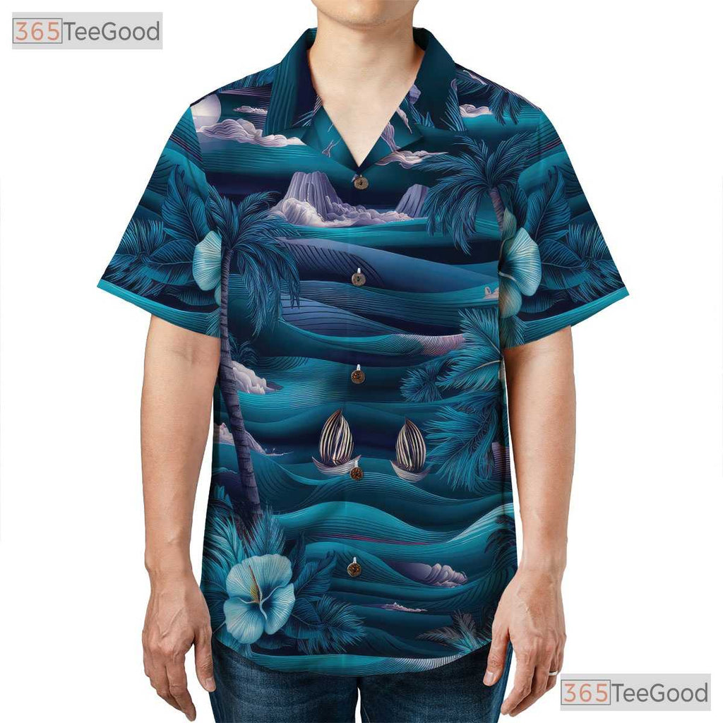 Vintage Aloha Hawaiian Tee - Blue Palm Trees Ocean Island Style Women