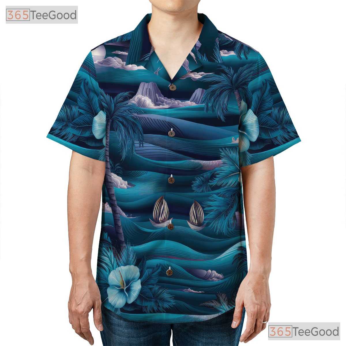 Vintage Aloha Hawaiian Tee - Blue Palm Trees Ocean Island Style Women
