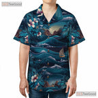 Navy Palm Hawaiian Shirt - Tropical Aloha Floral Ocean Waves Men's