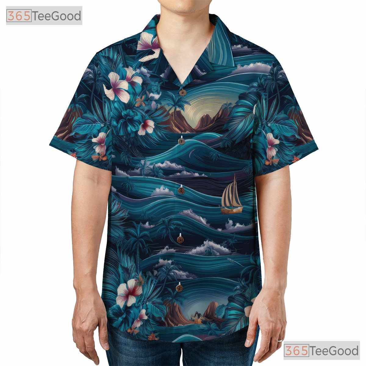 Navy Palm Hawaiian Shirt - Tropical Aloha Floral Ocean Waves Men's