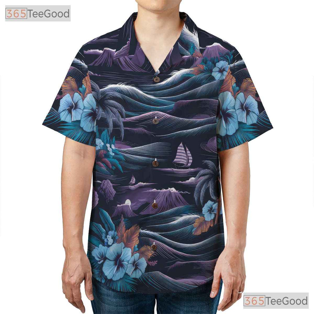 Navy Blue Hawaiian Tee - Palm Trees & Ocean Aloha Print Gift Unisex