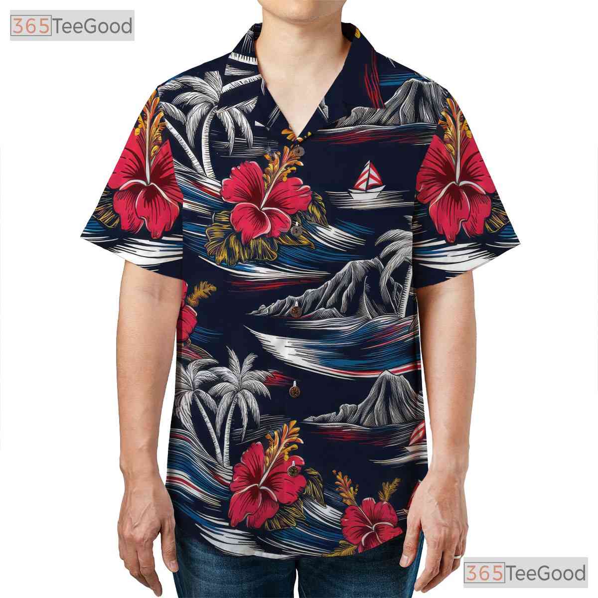 Floral Navy Tropical Hawaiian Shirt - Beach Ocean Summer Vacation Men