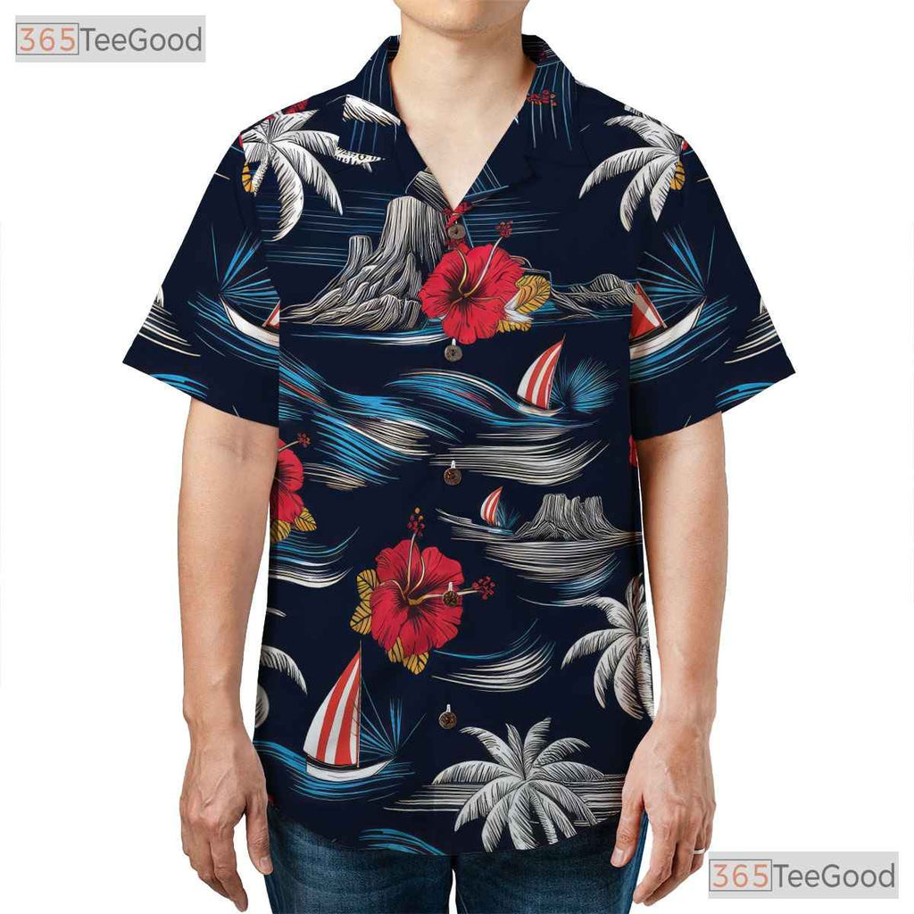 Vintage Navy Aloha Tee - Island Palm Trees & Beachwear Style Women