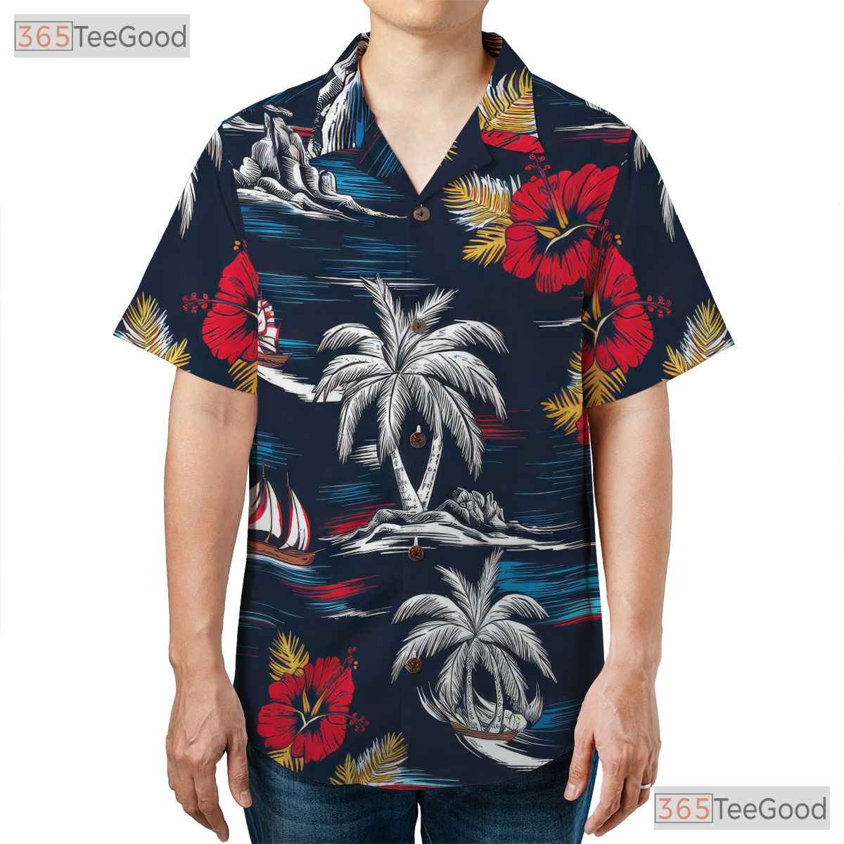 Gray Aloha Palm Tree Hawaiian Shirt - Pink Hibiscus Island Print Men