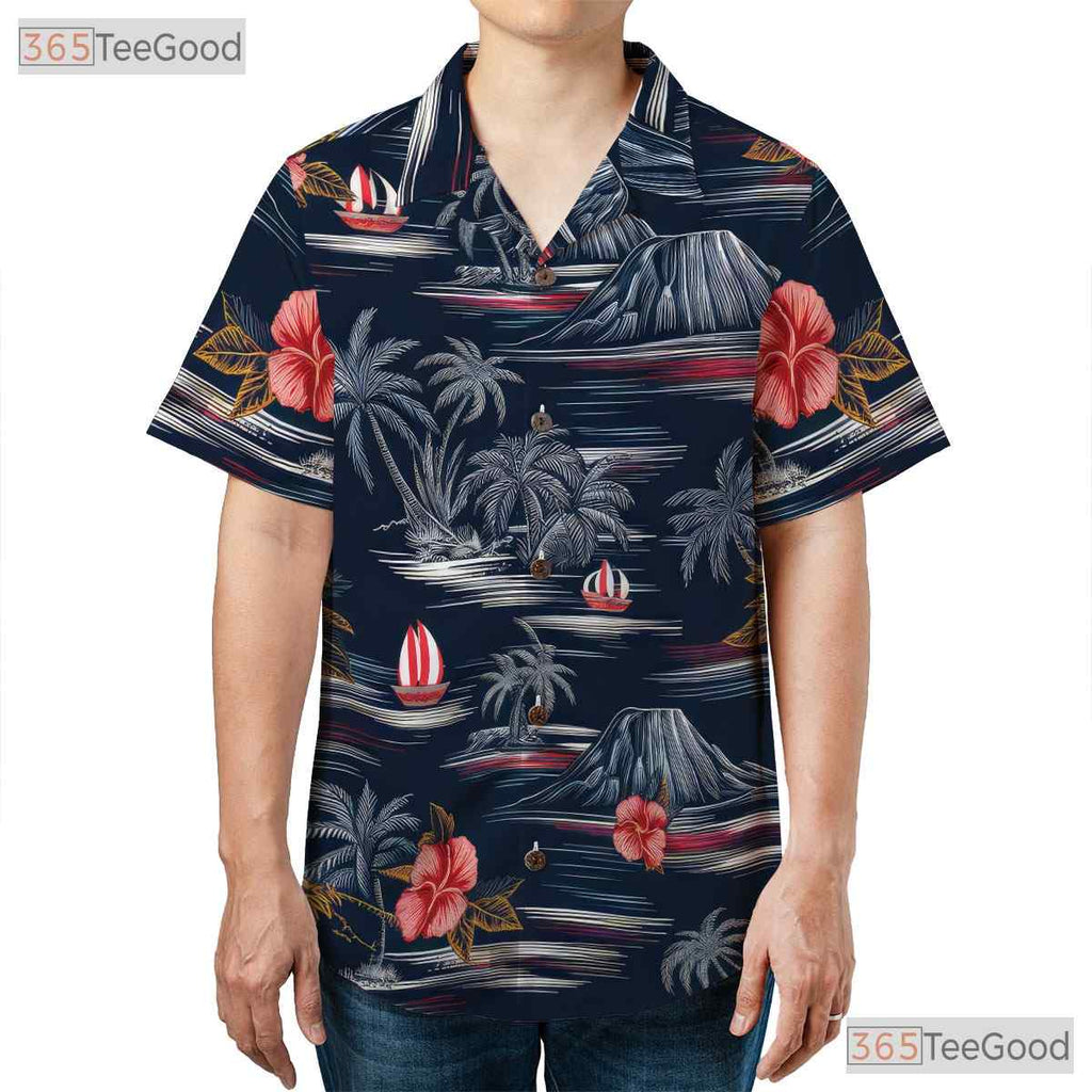 Vintage Gray Hawaiian Tee - Palm Tree Hibiscus Tropical Style Unisex