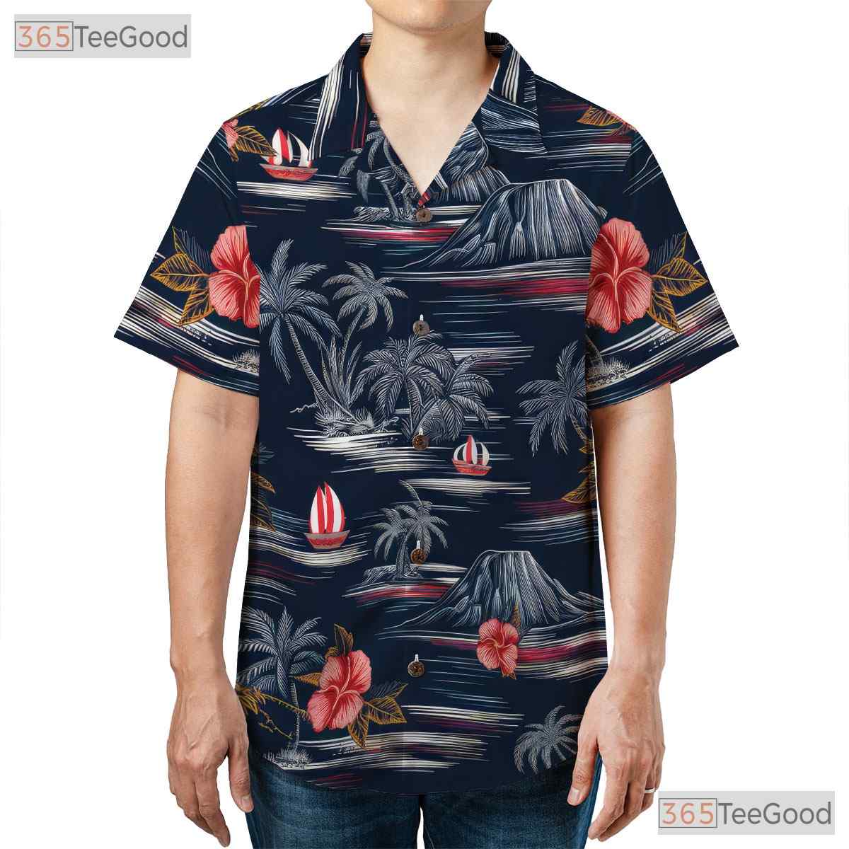 Vintage Gray Hawaiian Tee - Palm Tree Hibiscus Tropical Style Unisex