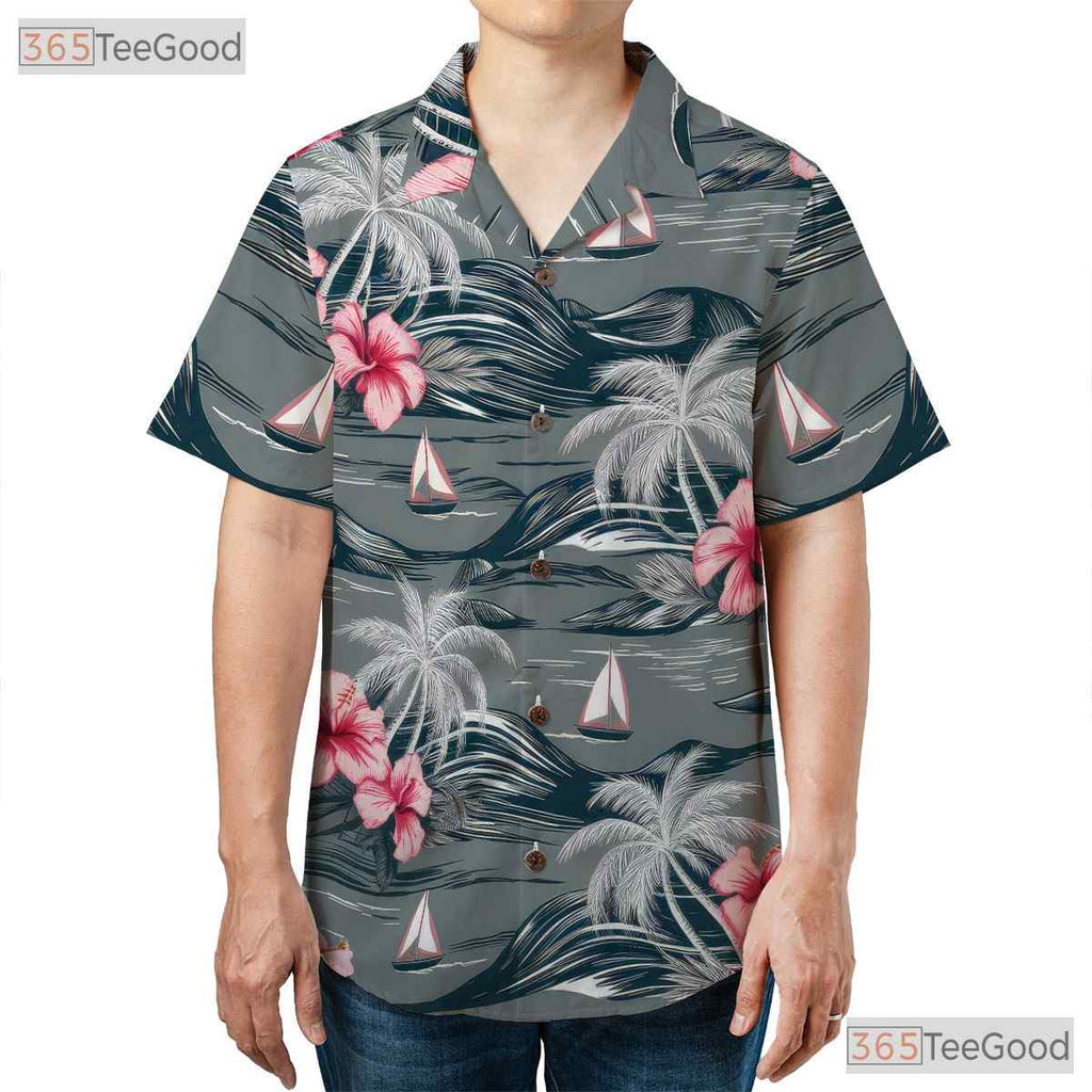 Aloha Gray Hawaiian Shirt - Island Palm Trees & Pink Hibiscus Women