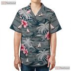 Aloha Gray Hawaiian Shirt - Island Palm Trees & Pink Hibiscus Women