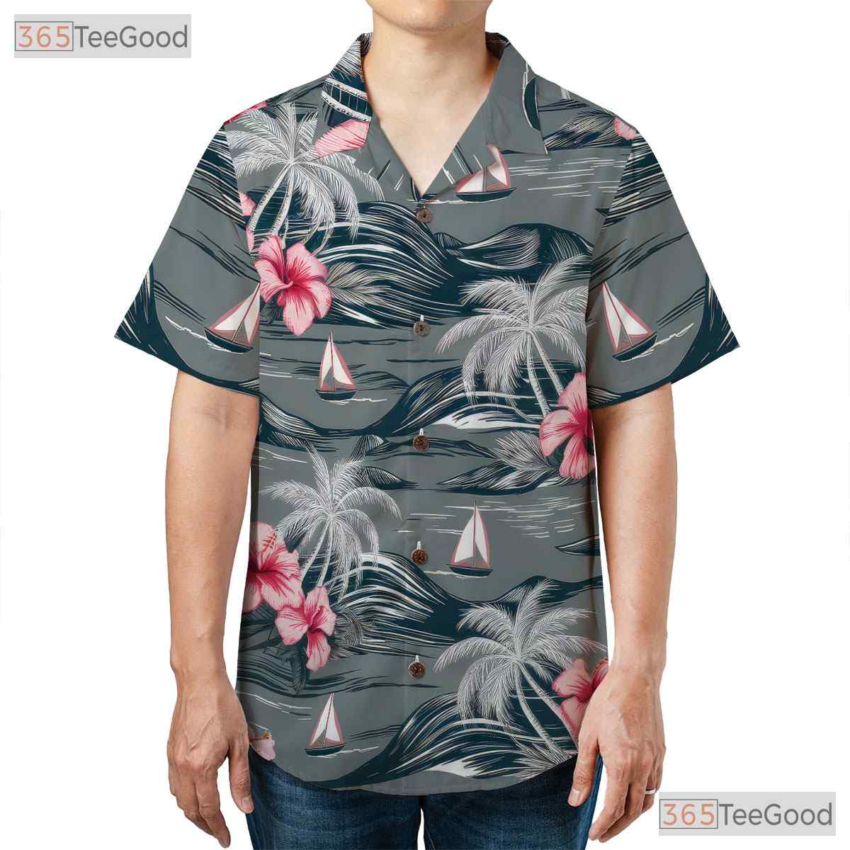 Aloha Gray Hawaiian Shirt - Island Palm Trees & Pink Hibiscus Women