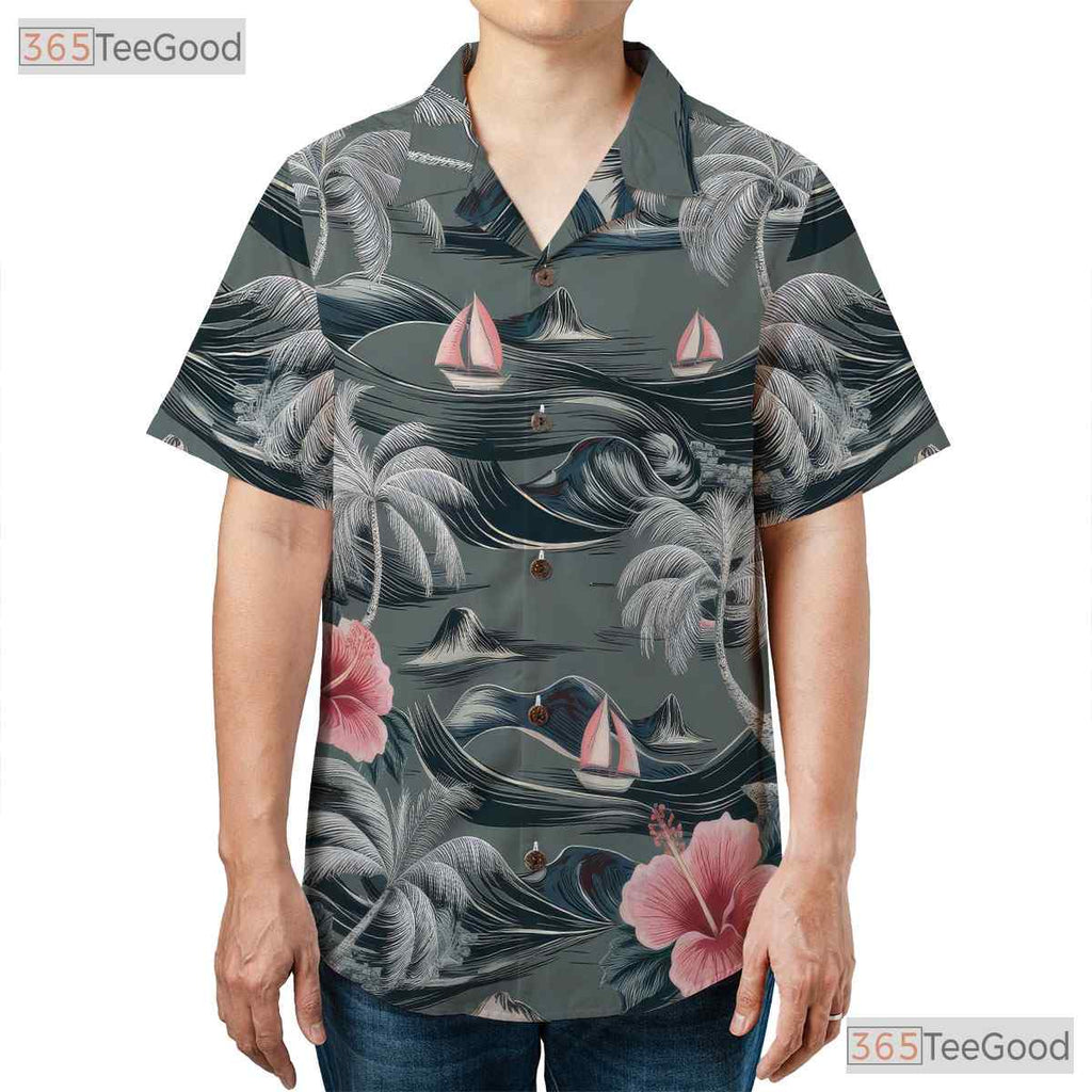 Tropical Gray Hawaiian Tee - Aloha Palm Hibiscus Beachwear Gift Adult