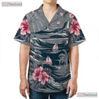 Palm Hibiscus Gray Hawaiian Shirt - Tropical Aloha Island Beach Men