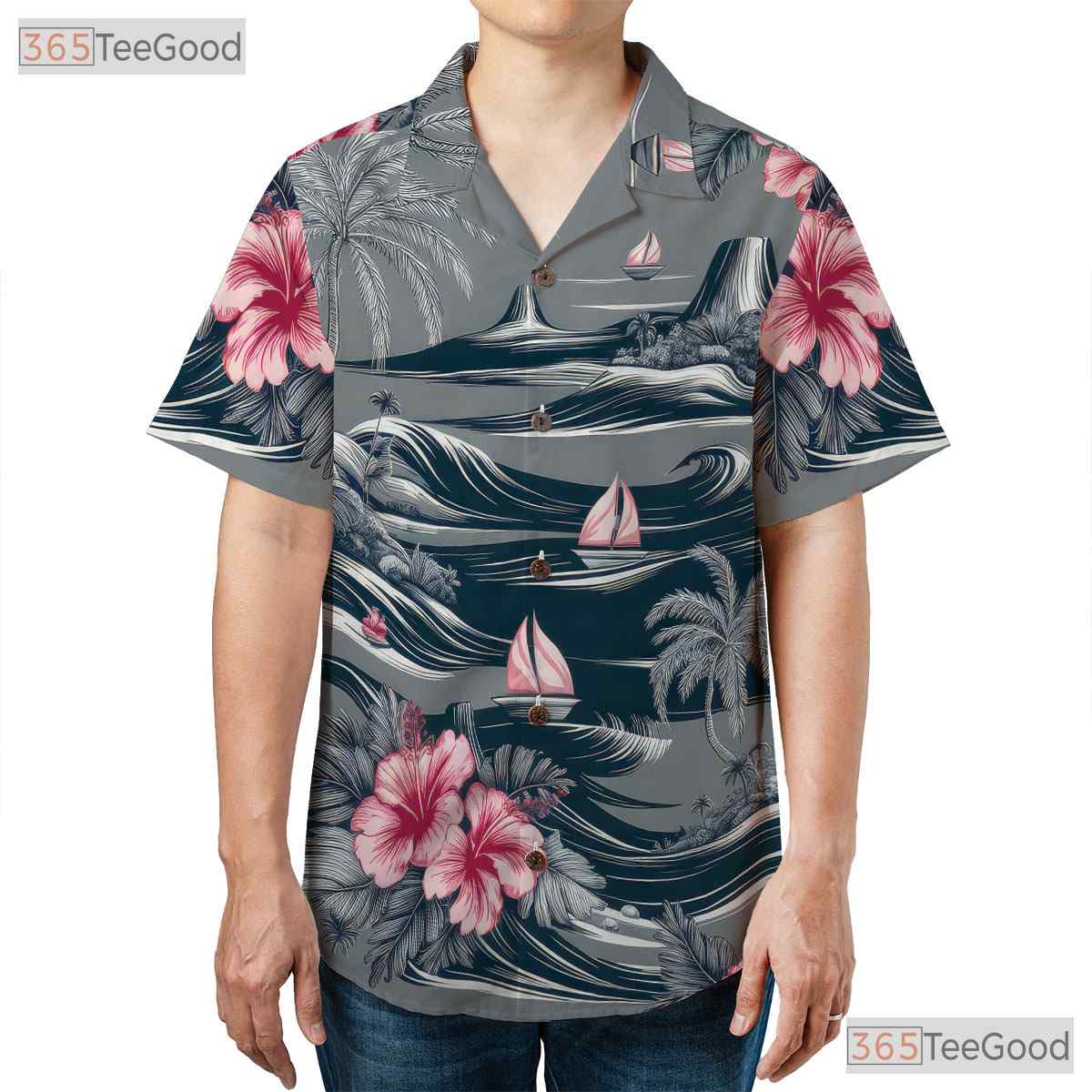 Palm Hibiscus Gray Hawaiian Shirt - Tropical Aloha Island Beach Men