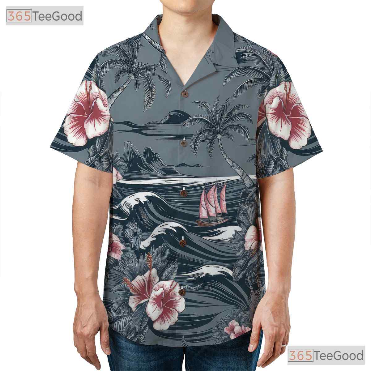 Gray Aloha Hawaiian Tee - Palm Trees Hibiscus Island Gift for Unisex