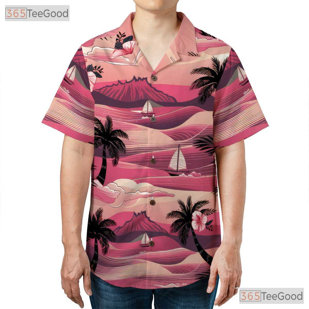 Pink Sunset Palm Hawaiian Shirt - Aloha Hibiscus Beachwear Men