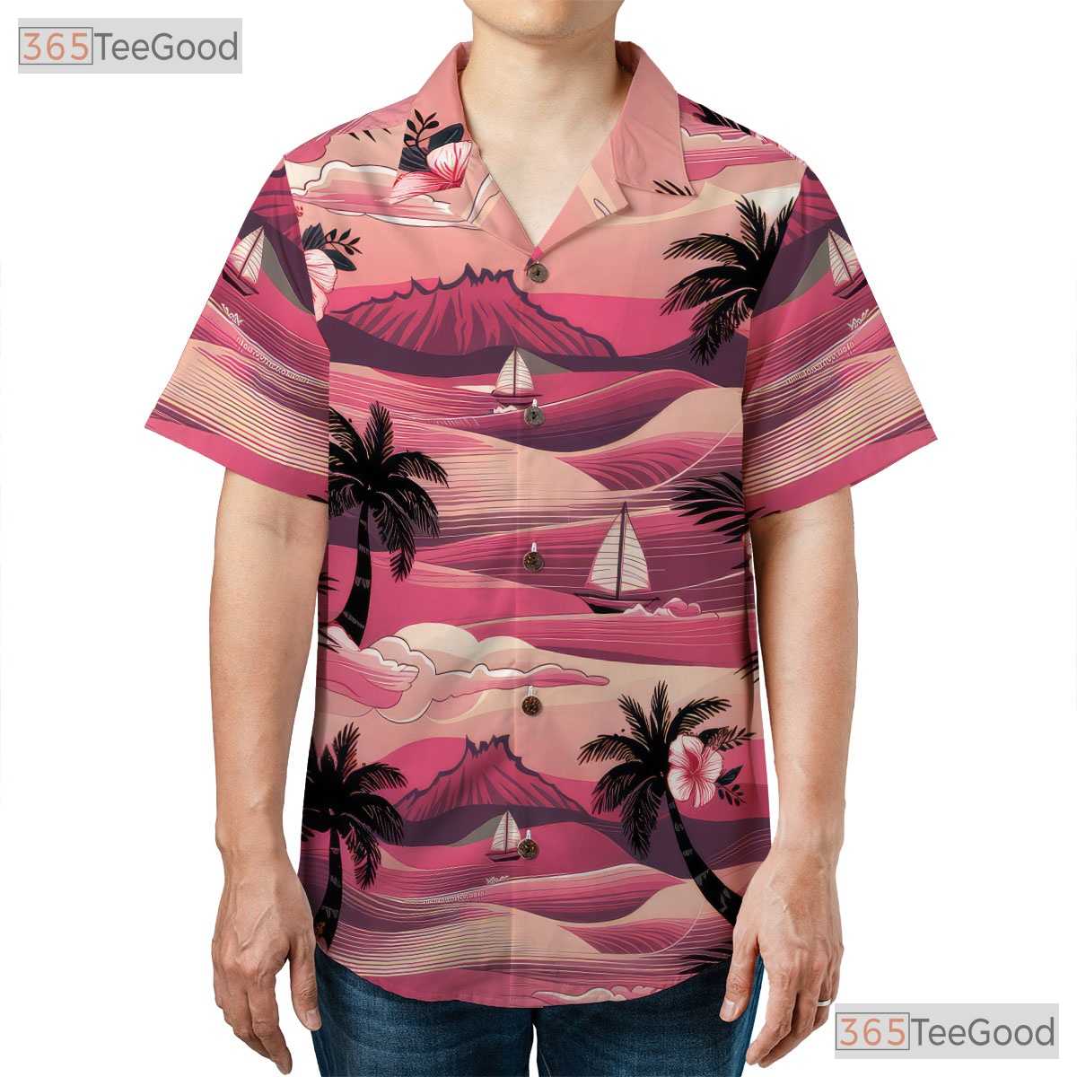 Pink Sunset Palm Hawaiian Shirt - Aloha Hibiscus Beachwear Men