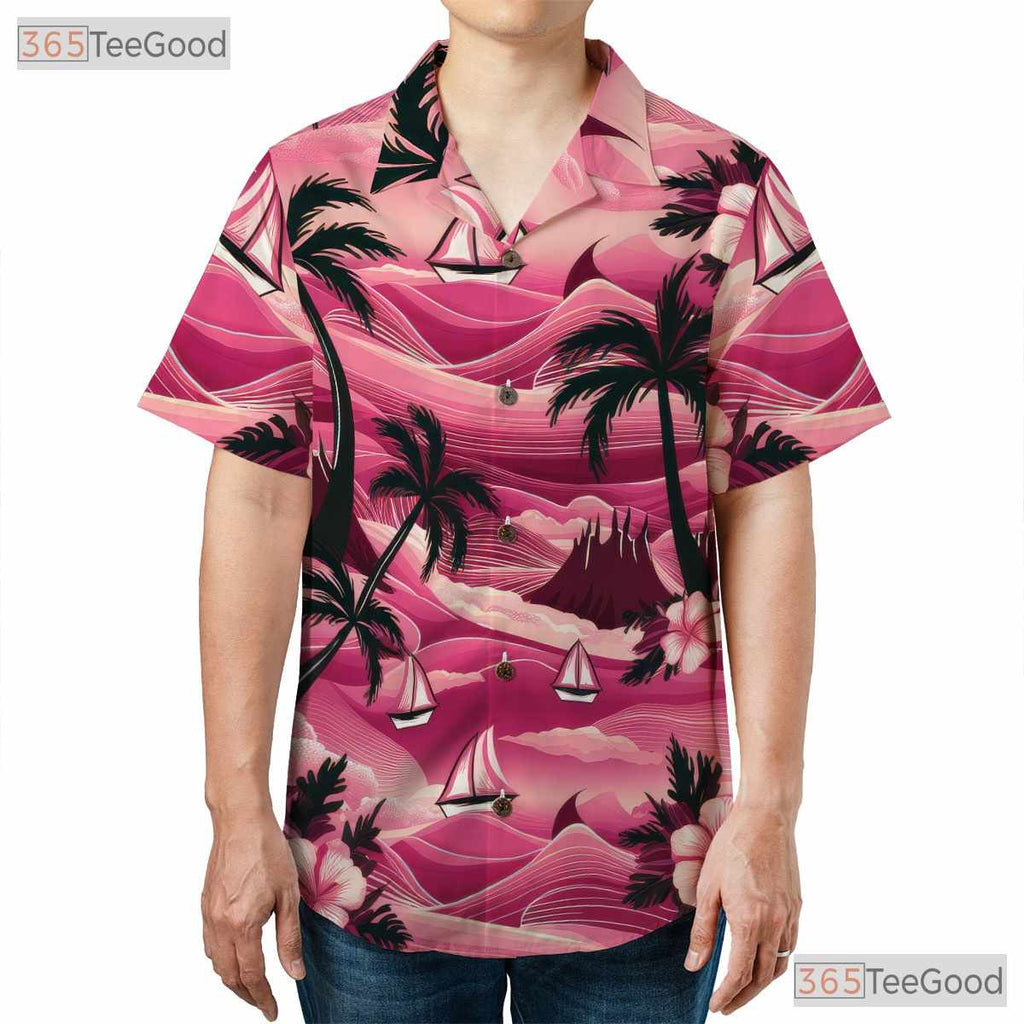 Vintage Pink Hawaiian Tee - Tropical Aloha Palm Trees & Hibiscus Women