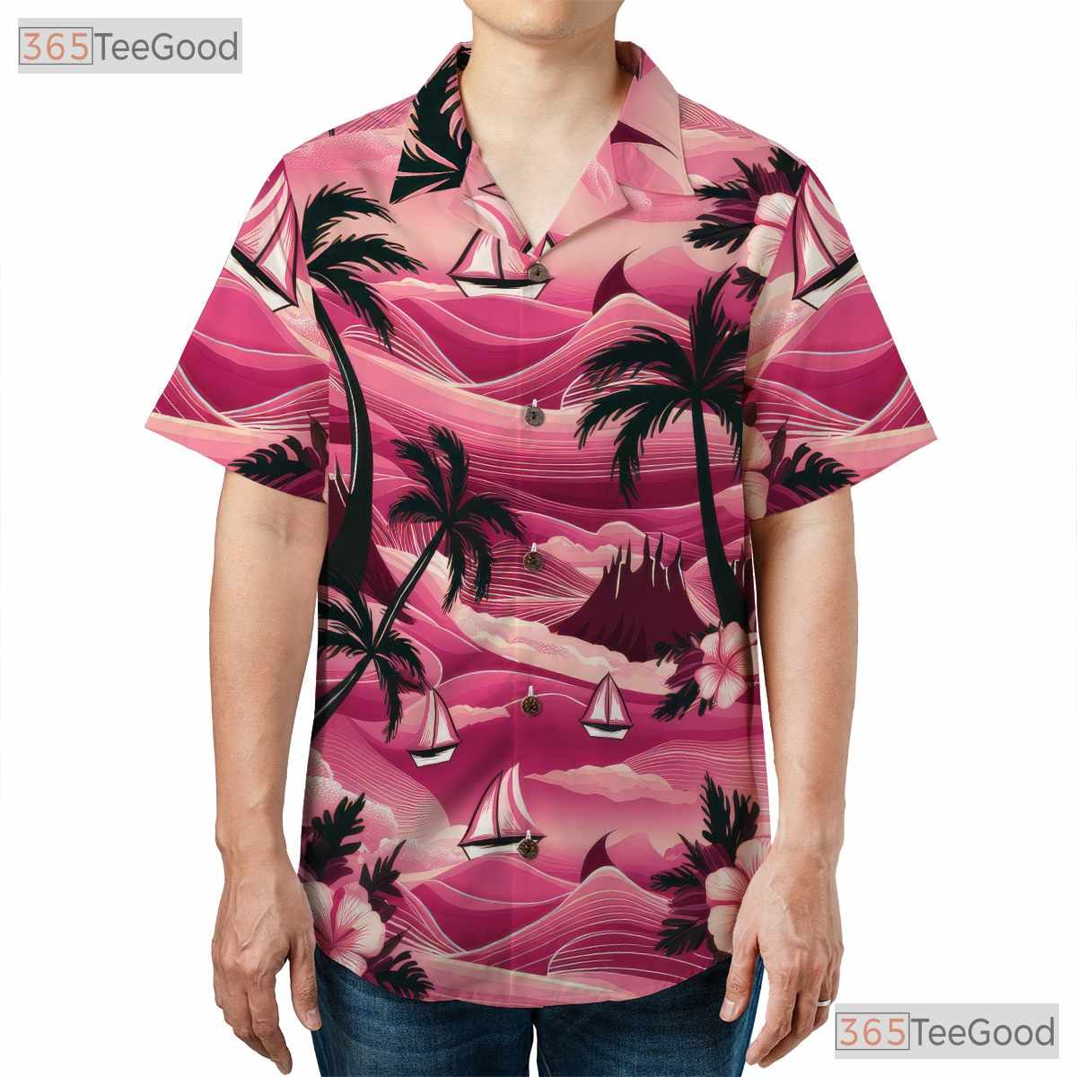 Vintage Pink Hawaiian Tee - Tropical Aloha Palm Trees & Hibiscus Women