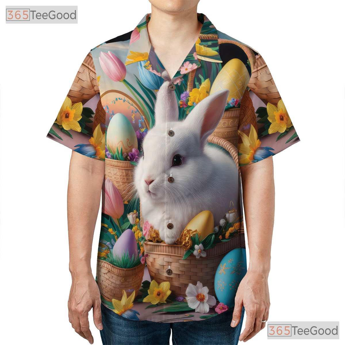 Easter Bunny Hawaiian Tee - Spring Basket with Colorful Eggs Print Unisex