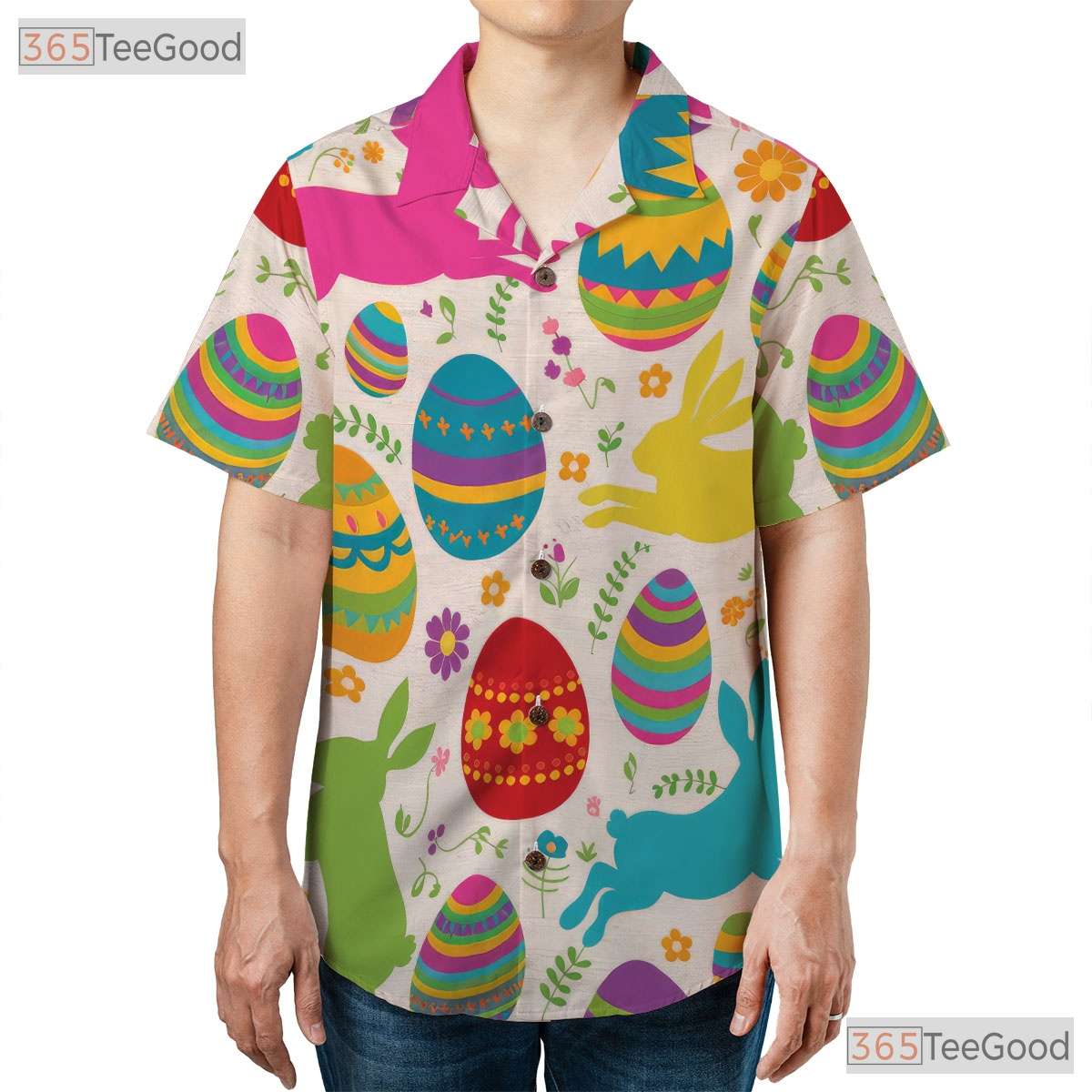 Cute Easter Bunny Hawaiian Tee - Colorful Eggs Spring Gift for Women