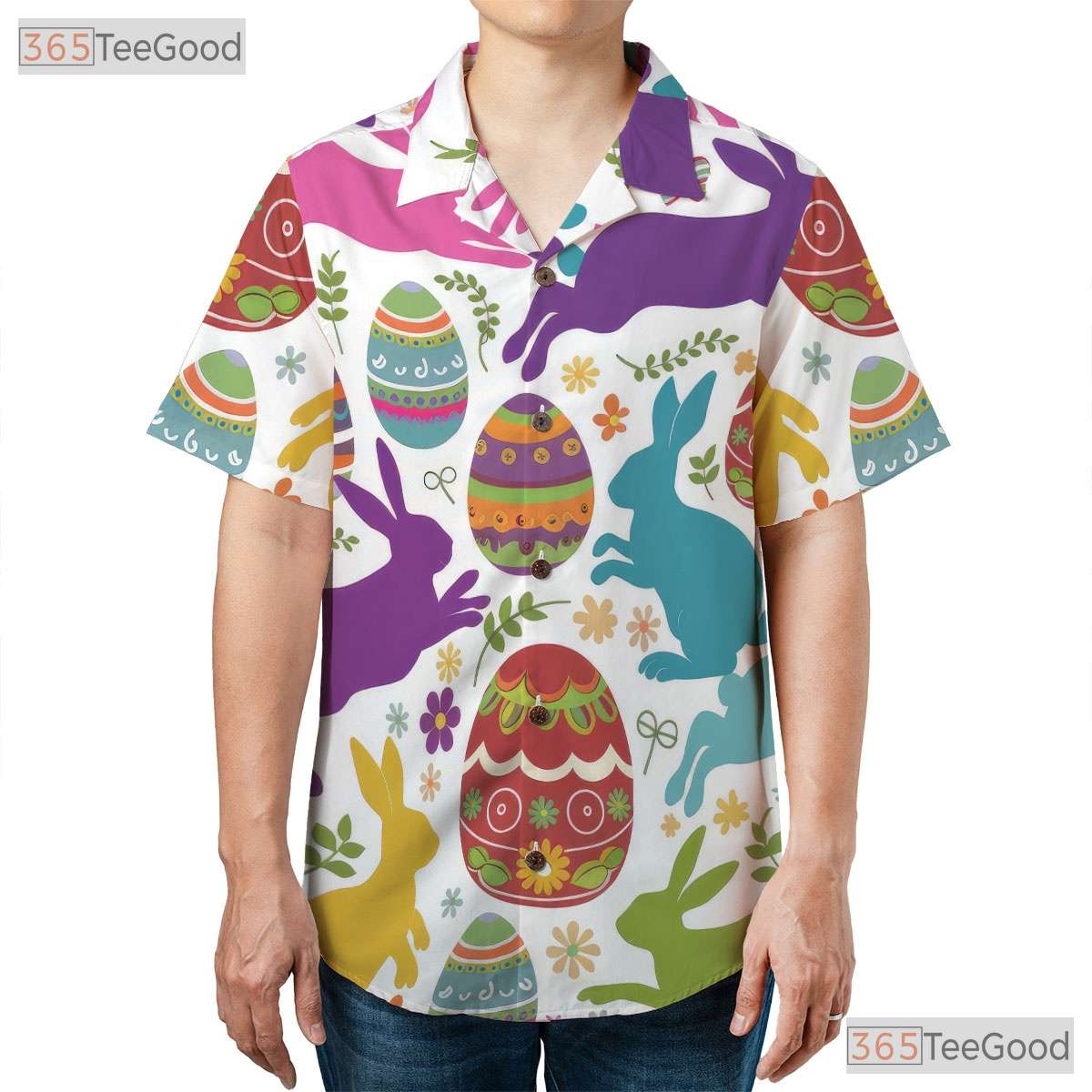 Festive Easter Bunny Hawaiian Shirt - Spring Colorful Eggs Design Adults