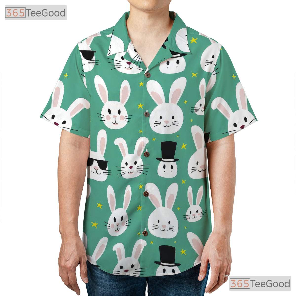 Cute Bunny Face Easter Hawaiian Shirt - Green Spring Rabbit Aesthetic Women