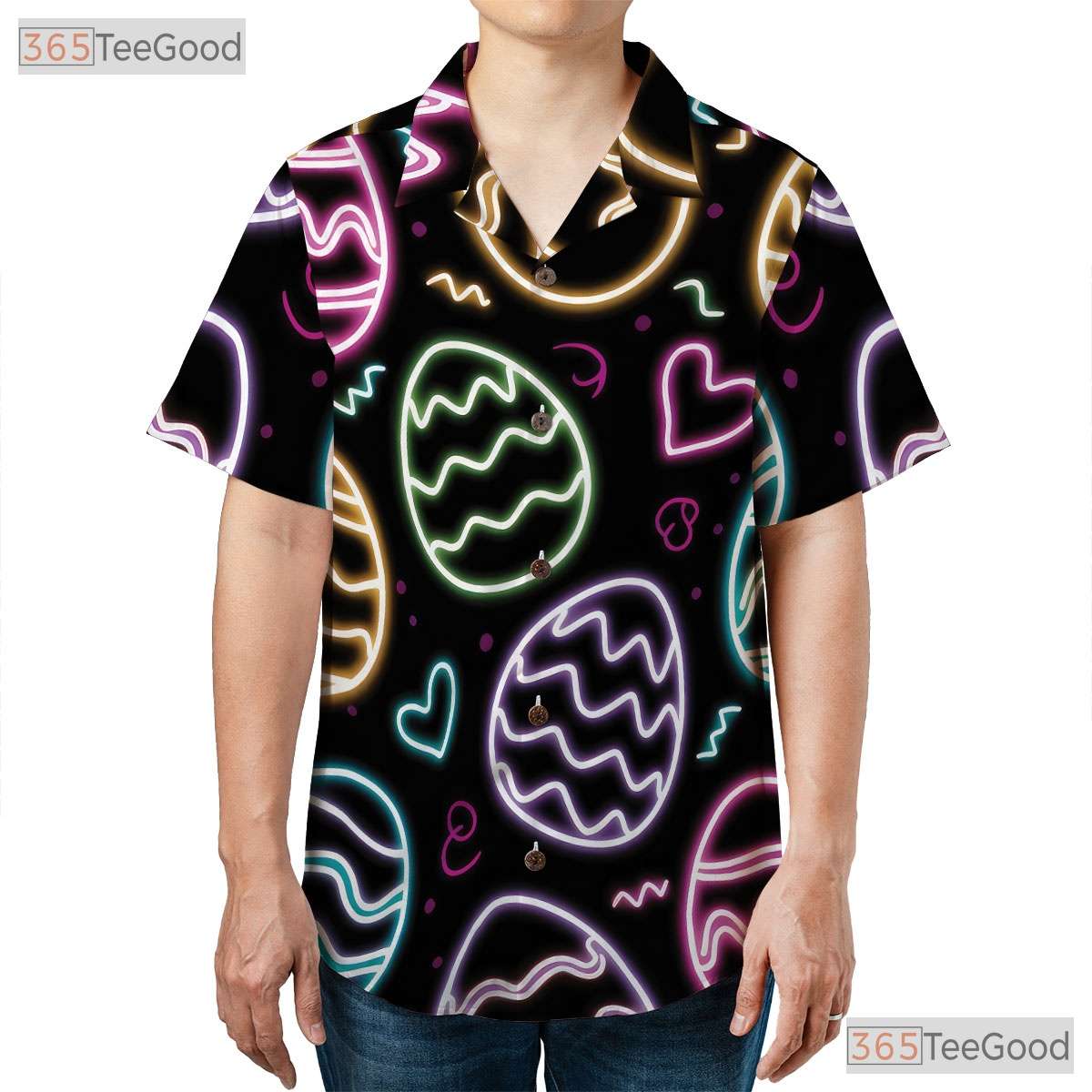 Black Hawaiian Tee - Neon Easter Eggs Bright Spring Holiday Print Women