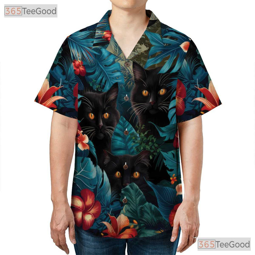 Black Cat Hawaiian Shirt - Blue Tropical Jungle Floral Vacation Men