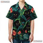 Floral Jungle Cat Hawaiian Shirt - Black Cat Tropical Vacation Women