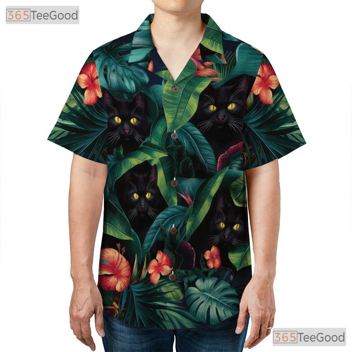 Floral Jungle Cat Hawaiian Shirt - Black Cat Tropical Vacation Women