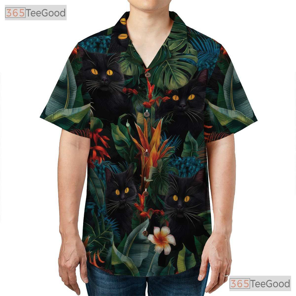 Tropical Black Cat Hawaiian Tee - Blue Jungle Leaves & Floral Gift Men