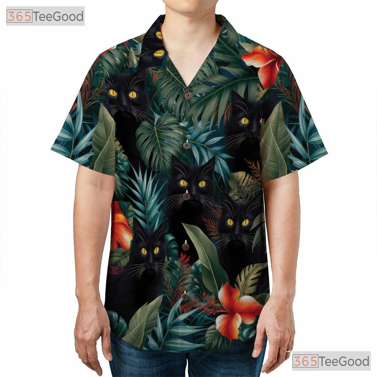 Jungle Black Cat Hawaiian Shirt - Tropical Blue Leaves Gift for Adults