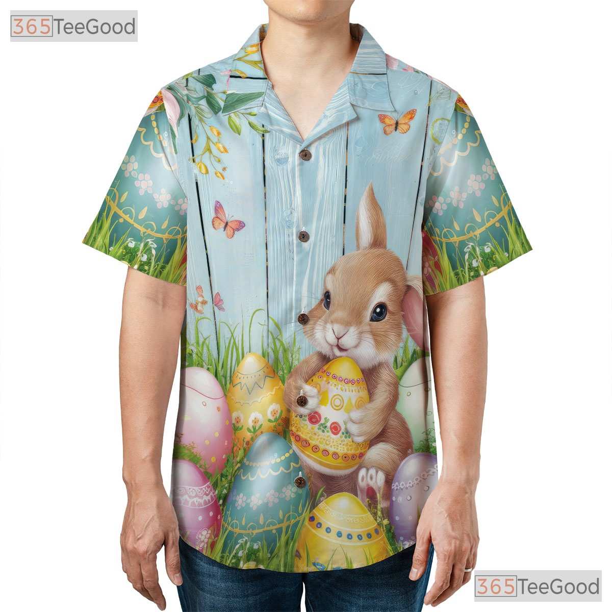 Spring Bunny & Butterflies Hawaiian Tee - Easter Colorful Eggs Gift Women