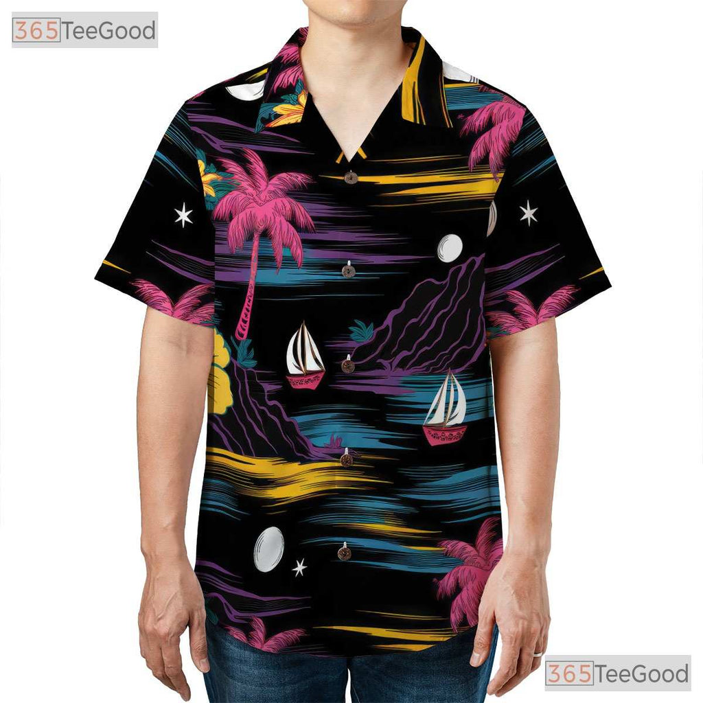Retro Neon Black Hawaiian Shirt - Palm Tree Aloha Beach Style Unisex S-5XL