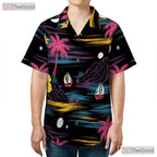 Retro Neon Black Hawaiian Shirt - Palm Tree Aloha Beach Style Unisex S-5XL