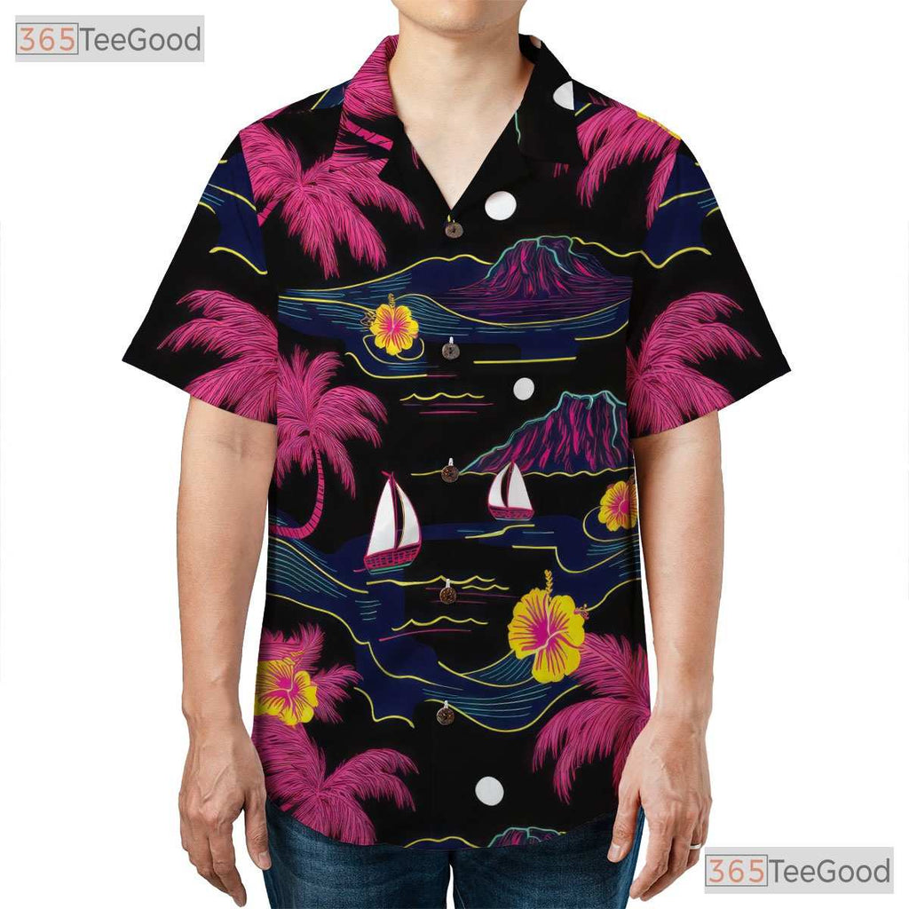 Vintage Neon Palm Hawaiian Tee - Black Island Beach Party Unisex S-5XL