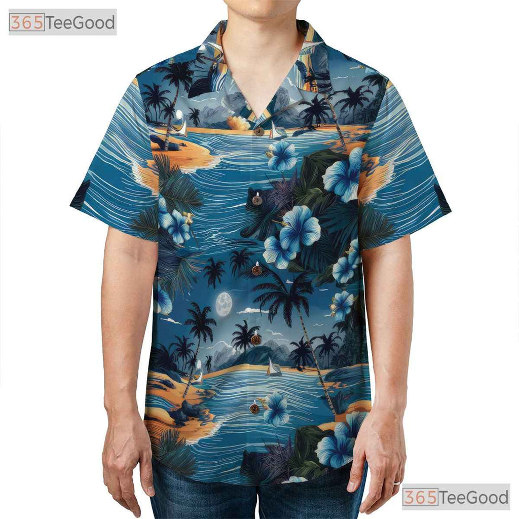 Blue Ocean Palm Hawaiian Tee - Aloha Tropical Beach Style Women S to 5XL