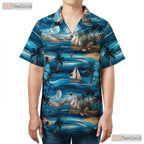Vintage Blue Ocean Hawaiian Tee - Tropical Palm Tree Adults Gift S-5XL