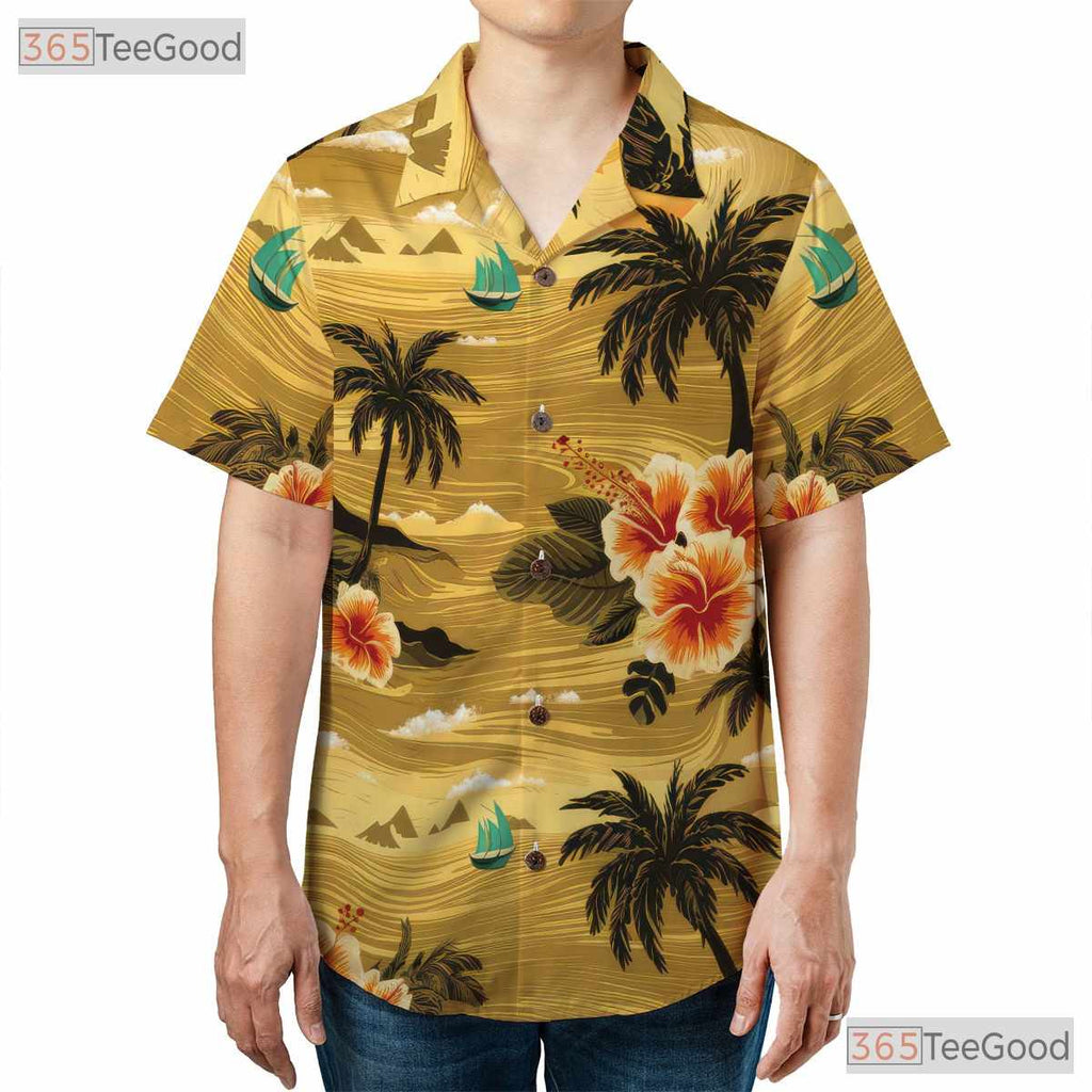 Palm Tree Hibiscus Hawaiian Tee - Orange Beach Aloha Style Adults S-5XL