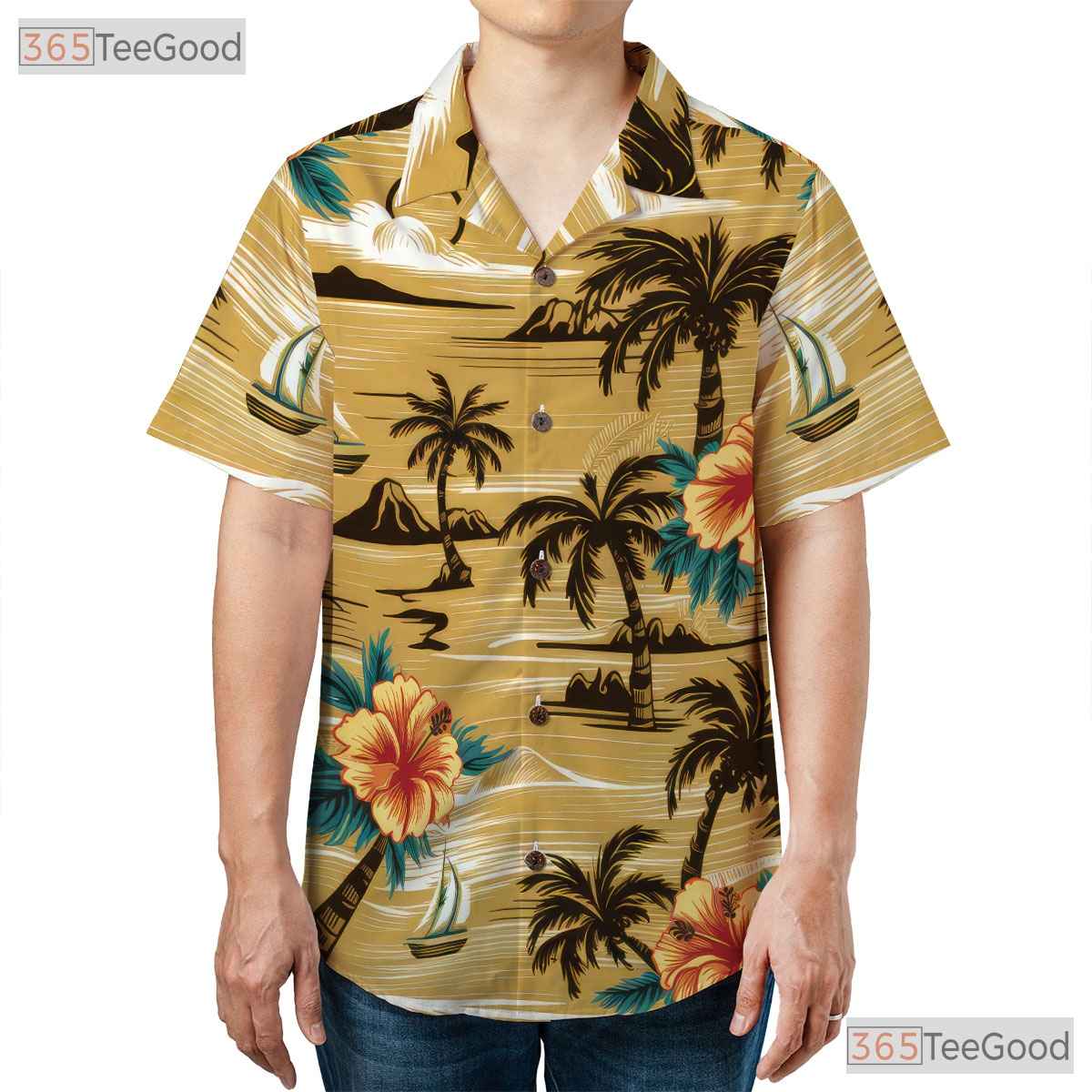 Palm Tree Hibiscus Hawaiian Tee - Vintage Aloha Beach Style Women S to 5XL