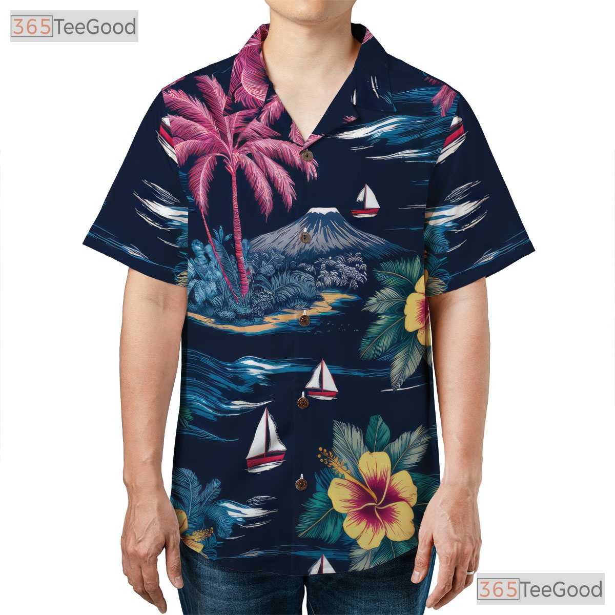Vintage Navy Hawaiian Shirt - Palm Tree Hibiscus Aloha Style Adults S-5XL
