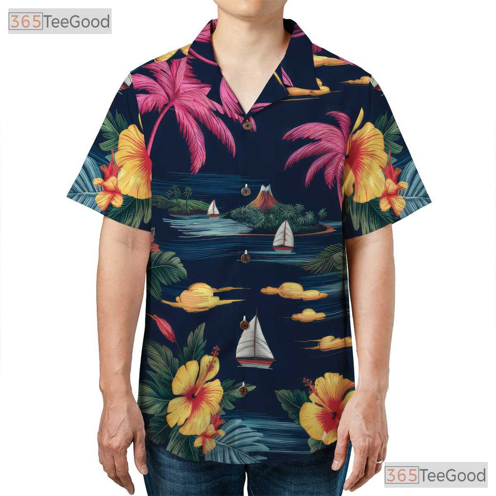 Navy Palm Hibiscus Hawaiian Tee - Classic Aloha Beach Party Unisex S to 5XL