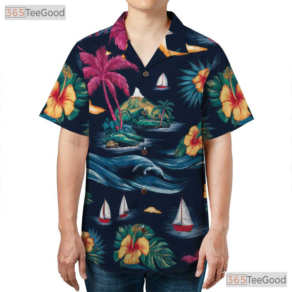 Tropical Navy Palm Hawaiian Shirt - Aloha Vacation Beach Gift Men S-5XL
